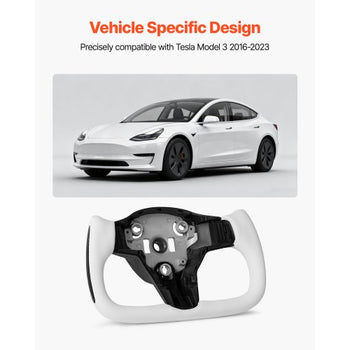 Steering Wheel for 2016-2023 Tesla Model 3, Carbon Fiber Steering Wheel D-Shaped Flat-Bottom with Heating Function, Leather Grip with Non-Slip Texture, Accessories Replacement for Model 3, White