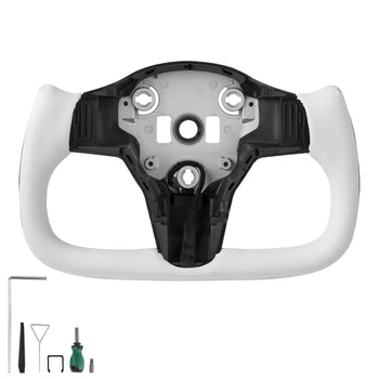 Steering Wheel for 2016-2023 Tesla Model 3, Carbon Fiber Steering Wheel D-Shaped Flat-Bottom with Heating Function, Leather Grip with Non-Slip Texture, Accessories Replacement for Model 3, White
