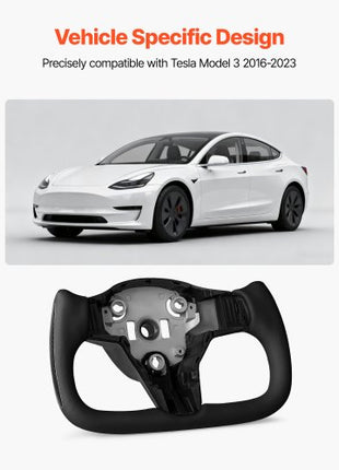 Steering Wheel for 2016-2023 Tesla Model 3, Carbon Fiber Steering Wheel D-Shaped Flat-Bottom with Heating Function, Leather Grip with Non-Slip Texture, Accessories Replacement for Model 3, Black