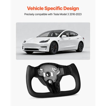 Steering Wheel for 2016-2023 Tesla Model 3, Carbon Fiber Steering Wheel D-Shaped Flat-Bottom with Heating Function, Leather Grip with Non-Slip Texture, Accessories Replacement for Model 3, Black