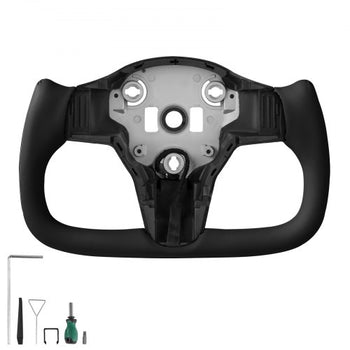 Steering Wheel for 2016-2023 Tesla Model 3, Carbon Fiber Steering Wheel D-Shaped Flat-Bottom with Heating Function, Leather Grip with Non-Slip Texture, Accessories Replacement for Model 3, Black