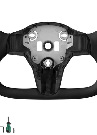 Steering Wheel for 2016-2023 Tesla Model 3, Carbon Fiber Steering Wheel D-Shaped Flat-Bottom with Heating Function, Leather Grip with Non-Slip Texture, Accessories Replacement for Model 3, Black