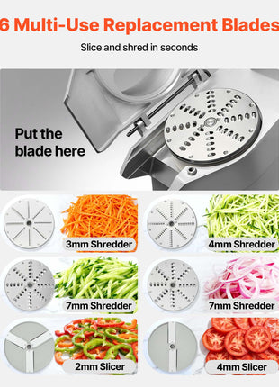 110V Commercial Food Processor 2 Feeding Holes, 550W Electric Vegetable Slicer 1600 RPM, Stainless Steel Vegetable Processor Detachable 6-blades, 3mm/4mm/7mm Shred, 2mm/4mm Slice