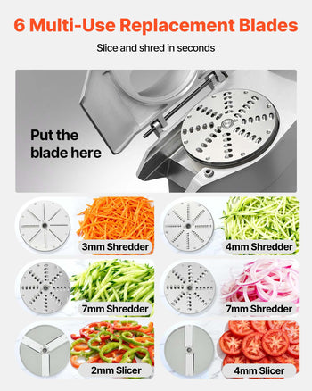 110V Commercial Food Processor 2 Feeding Holes, 550W Electric Vegetable Slicer 1600 RPM, Stainless Steel Vegetable Processor Detachable 6-blades, 3mm/4mm/7mm Shred, 2mm/4mm Slice