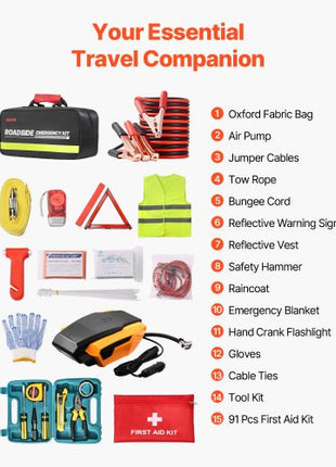Car Emergency Kit, 2-in-1 First Aid Kit with Jumper Cables, Essential Roadside Emergency Car Kits for Vehicle, Travel and Home, 32-Piece Auto Road Side Assistance Tools with Medical Aid Kits