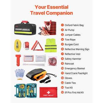 Car Emergency Kit, 2-in-1 First Aid Kit with Jumper Cables, Essential Roadside Emergency Car Kits for Vehicle, Travel and Home, 32-Piece Auto Road Side Assistance Tools with Medical Aid Kits