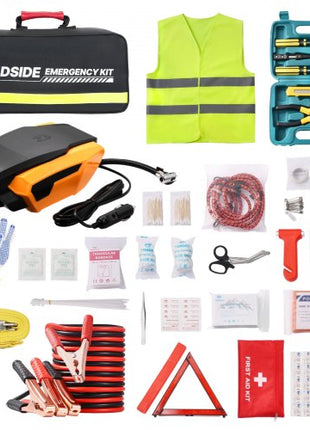 Car Emergency Kit, 2-in-1 First Aid Kit with Jumper Cables, Essential Roadside Emergency Car Kits for Vehicle, Travel and Home, 32-Piece Auto Road Side Assistance Tools with Medical Aid Kits