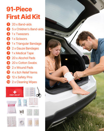 Car Emergency Kit, 2-in-1 First Aid Kit with Jumper Cables, Essential Roadside Emergency Car Kits for Vehicle, Travel and Home, 32-Piece Auto Road Side Assistance Tools with Medical Aid Kits