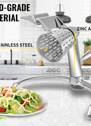 Rotary Cheese Grater, Zinc Alloy Rotary Vegetable Mandoline, Manual Cheese Mandoline with 5 Stainless Steel Cutting Cones, Manual Vegetable Grater with 2.5L Bowl, Rotary Shredder with Suction Ba