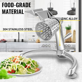 Rotary Cheese Grater, Zinc Alloy Rotary Vegetable Mandoline, Manual Cheese Mandoline with 5 Stainless Steel Cutting Cones, Manual Vegetable Grater with 2.5L Bowl, Rotary Shredder with Suction Ba
