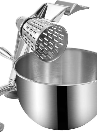 Rotary Cheese Grater, Zinc Alloy Rotary Vegetable Mandoline, Manual Cheese Mandoline with 5 Stainless Steel Cutting Cones, Manual Vegetable Grater with 2.5L Bowl, Rotary Shredder with Suction Ba
