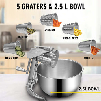 Rotary Cheese Grater, Zinc Alloy Rotary Vegetable Mandoline, Manual Cheese Mandoline with 5 Stainless Steel Cutting Cones, Manual Vegetable Grater with 2.5L Bowl, Rotary Shredder with Suction Ba