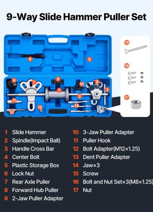 9-Way Slide Hammer Puller Set, 15PCS Front Wheel Hub Bearing Remover & Rear Wheel Axle Hub Dent Shaft Puller Tool Kit, Axle Bearing Puller Tool Kit and Slide Hammer Remover Set with Carry Box