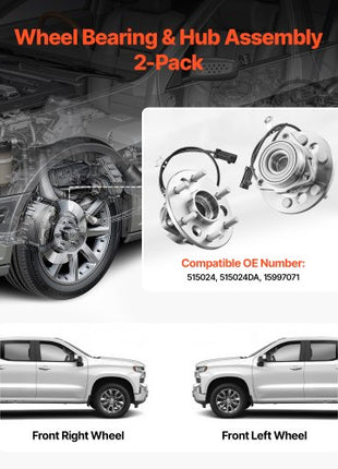 2PCS Front Wheel Bearing & Hub Assembly Fit for 1999-2000 Cadillac Escalade 1995-1999 Chevrolet Tahoe GMC Yukon K1500 Suburban OEM 515024, 6 Lugs with ABS Sensor, Wheel Bearing Hub Assembly Set