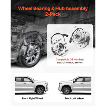 2PCS Front Wheel Bearing & Hub Assembly Fit for 1999-2000 Cadillac Escalade 1995-1999 Chevrolet Tahoe GMC Yukon K1500 Suburban OEM 515024, 6 Lugs with ABS Sensor, Wheel Bearing Hub Assembly Set