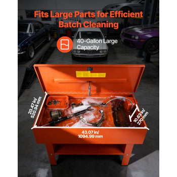 Parts Washer 40-Gallon, 17 Gallon Solvent Capacity, 1 Gallon per Minute Max Pump Output, Steel Cabinet Electric Pump Automotive Parts Washer Cleaner for Wheel Bearings, Gears, and Carburetors