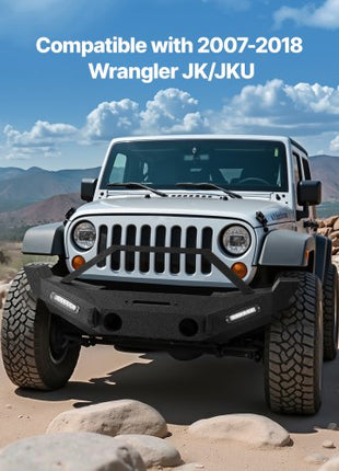 Front Bumper Compatible with 2007-2018 Wrangler JK/JKU, Heavy-Duty Steel Front Bumper with 2PCS LED Light Bars, Winch Plate, Fog Light Housing and D-Ring Mounts
