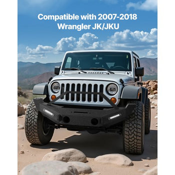 Front Bumper Compatible with 2007-2018 Wrangler JK/JKU, Heavy-Duty Steel Front Bumper with 2PCS LED Light Bars, Winch Plate, Fog Light Housing and D-Ring Mounts