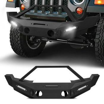 Front Bumper Compatible with 2007-2018 Wrangler JK/JKU, Heavy-Duty Steel Front Bumper with 2PCS LED Light Bars, Winch Plate, Fog Light Housing and D-Ring Mounts
