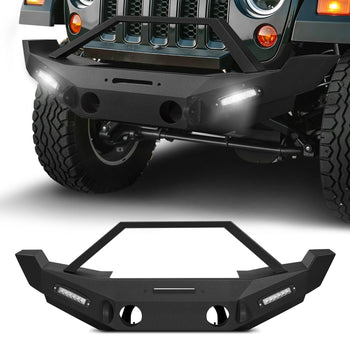 Front Bumper Compatible with 2007-2018 Wrangler JK/JKU, Heavy-Duty Steel Front Bumper with 2PCS LED Light Bars, Winch Plate, Fog Light Housing and D-Ring Mounts