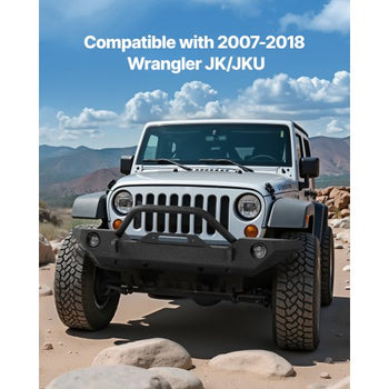 Front Bumper Compatible with 2007-2018 Wrangler JK/JKU - with Winch Plate, D-Ring Mounts & Fog Light Housing, Heavy-Duty Steel Front Bumper with E-Coating