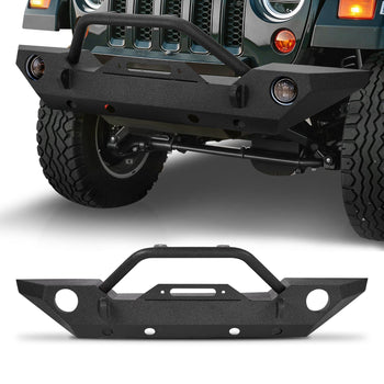 Front Bumper Compatible with 2007-2018 Wrangler JK/JKU - with Winch Plate, D-Ring Mounts & Fog Light Housing, Heavy-Duty Steel Front Bumper with E-Coating