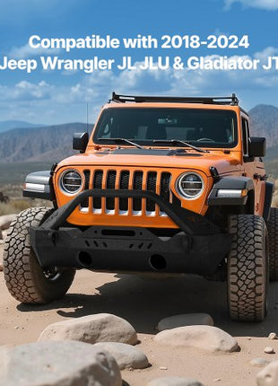 Front Bumper Compatible with 2018-2024 Jeep Wrangler JL JLU & Gladiator JT, Heavy-Duty Steel Front Bumper with Winch Plate, D-Ring Mounts & Fog Light Housing