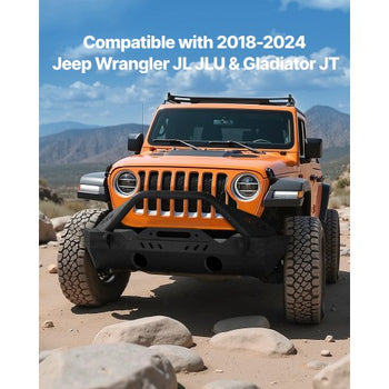 Front Bumper Compatible with 2018-2024 Jeep Wrangler JL JLU & Gladiator JT, Heavy-Duty Steel Front Bumper with Winch Plate, D-Ring Mounts & Fog Light Housing