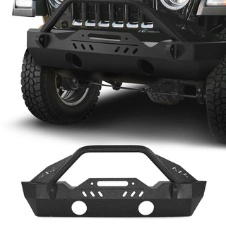 Front Bumper Compatible with 2018-2024 Jeep Wrangler JL JLU & Gladiator JT, Heavy-Duty Steel Front Bumper with Winch Plate, D-Ring Mounts & Fog Light Housing