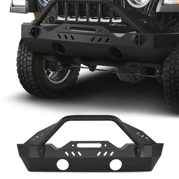 Front Bumper Compatible with 2018-2024 Jeep Wrangler JL JLU & Gladiator JT, Heavy-Duty Steel Front Bumper with Winch Plate, D-Ring Mounts & Fog Light Housing