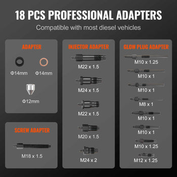 18-piece professional adapter set for diesel vehicles, featuring durable metal construction and various sizes for versatility.