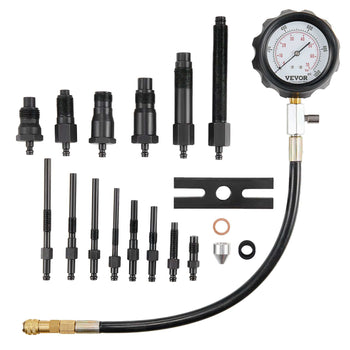 VEVOR diesel compression tester kit, 15-piece set with black connectors, gauge, and durable rubber hose.
