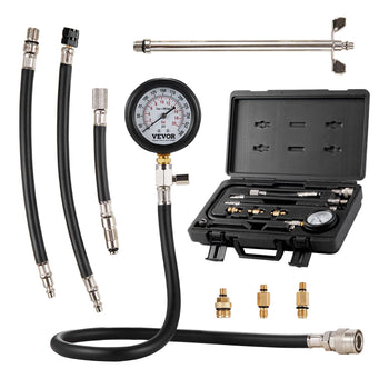 VEVOR tire pressure gauge kit, black rubber hoses, stainless steel components, complete with protective case and fittings.