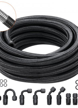8AN Fuel Line Kit, 20 FT Fuel Hose Kit, 0.43" Nylon Stainless Steel Braided Fuel Line Oil/Gas/Diesel Hose End Fitting Kit, with 12 PCS Swivel Fitting Adapter Kit, Black