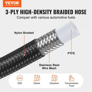 6AN Fuel Line Kit, 25 FT Fuel Hose Kit, 5/16" Nylon Stainless Steel Braided PTFE Fuel Line Kit, E85/Oil/Gas/Diesel Hose End Fitting Kit, with 15 PCS Swivel Fitting Adapter Kit, Black