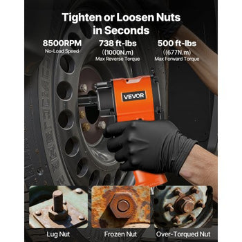 1/2-Inch Air Impact Wrench, Up to 738 ft-lbs Nut-busting Torque, Stubby Size & Lightweight Pneumatic Impact Gun for Auto Repairs and Maintenance