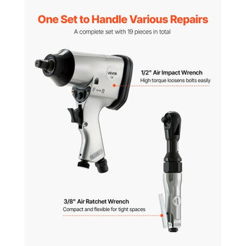 1/2" Air Impact Wrench & 3/8" Ratchet Wrench Combo, 19 Pieces Pro Air Tool and Accessories Kit - Includes 10PCS CR-V Steel Impact Socket Set & Carrying Case for Auto Repair, Home DIY Projects