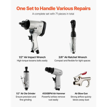 71 Pieces Pro Air Tool and Accessories Kit - 1/2" Air Impact Wrench, 3/8" Ratchet Wrench, 1/2" Die Grinder, 4500BPM Hammer, Blow Gun for Auto Repair, Home DIY Project - Storage Case Included