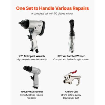 50 Pieces Pro Air Tool and Accessories Kit - 1/2" Air Impact Wrench, 3/8" Ratchet Wrench, 4500BPM Hammer, Blow Gun & Full Accessories for Auto Repairs, Home DIY Projects - with Storage Case