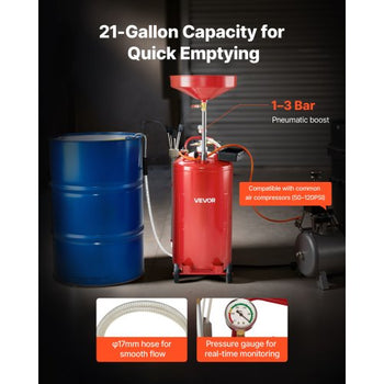 21 Gallon Waste Oil Drain Tank, Air Operated Portable Oil Drainer with Adjustable Funnel Height, Industrial Fluid Drain Tank with Wheels, Fluid Fuel Transfer Drainage for Auto Repair Shops, Red