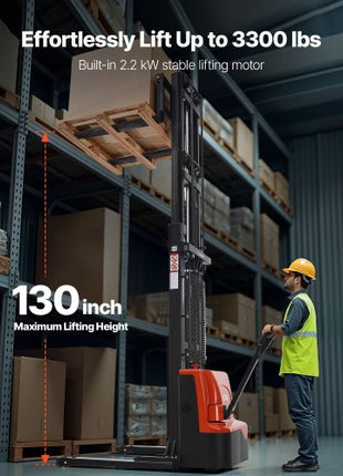 Full Electric Pallet Stacker, 3300 lbs Capacity, Pallet Lift Stacker Forklift with Straddle Legs & Forks, 127.6 Inches Lifting Height & 8.66-31.1 Inches Adjustable Fork Width, Orange & Black