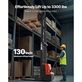 Full Electric Pallet Stacker, 3300 lbs Capacity, Pallet Lift Stacker Forklift with Straddle Legs & Forks, 127.6 Inches Lifting Height & 8.66-31.1 Inches Adjustable Fork Width, Orange & Black