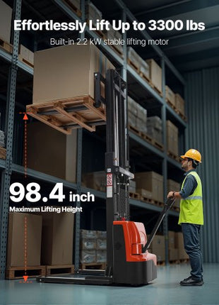 Full Electric Pallet Stacker, 3300 lbs Capacity, Pallet Lift Stacker Forklift with Straddle Legs & Forks, 96.06 Inches Lifting Height & 8.66-31.1 Inches Adjustable Fork Width, Orange & Black