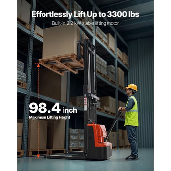 Full Electric Pallet Stacker, 3300 lbs Capacity, Pallet Lift Stacker Forklift with Straddle Legs & Forks, 96.06 Inches Lifting Height & 8.66-31.1 Inches Adjustable Fork Width, Orange & Black