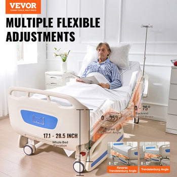 Premium 5 Function Full Electric Hospital Bed, ICU Electric Medical Bed with Trendelenburg & Reverse Trendelenburg, 5-Inch Locking Casters, IV Pole for Home Hospital Use, 550LBS Loading