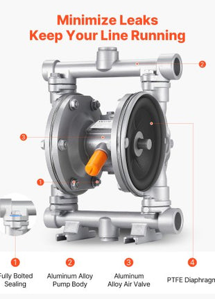 Air Operated Double Diaphragm Pump, 6.6 GPM, 3/8 inch Inlet & Outlet Pneumatic Waste Oil Transfer Pump, Max 100 PSI, Aluminum Alloy Body, Air-Operated for Diesel, Grease, Kerosene, Gasoline