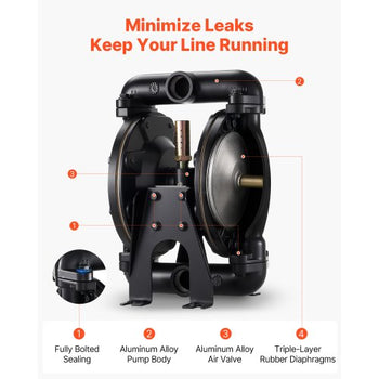 Air Operated Double Diaphragm Pump, 35 GPM, 1 inch Inlet & Outlet Pneumatic Waste Oil Transfer Pump, Max 114 PSI, Aluminum Alloy Body, Air-Operated for Diesel, Grease, Kerosene, Gasoline & Oil