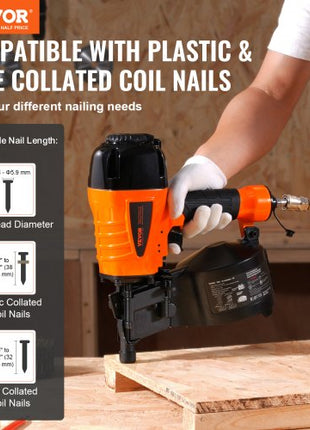 Coil Siding Nailer CN65, 1-1/4" to 2-1/2" 15 Degree Pneumatic Siding Nail Gun with Tool-Less Depth Adjustment, 70-120PSI Air Coil Nailer for Siding, Pallet Sheathing, Wooding, Fencing, Decking