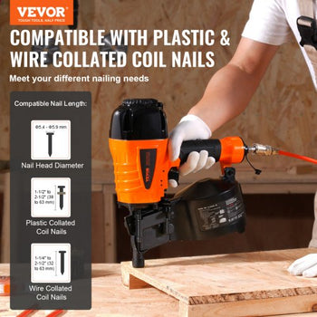 Coil Siding Nailer CN65, 1-1/4" to 2-1/2" 15 Degree Pneumatic Siding Nail Gun with Tool-Less Depth Adjustment, 70-120PSI Air Coil Nailer for Siding, Pallet Sheathing, Wooding, Fencing, Decking