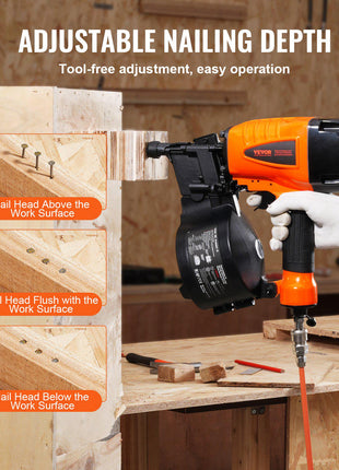 Coil Siding Nailer CN65, 1-1/4" to 2-1/2" 15 Degree Pneumatic Siding Nail Gun with Tool-Less Depth Adjustment, 70-120PSI Air Coil Nailer for Siding, Pallet Sheathing, Wooding, Fencing, Decking